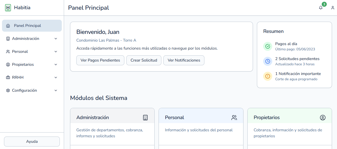 Dashboard de Habitia - Sistema de administración de condominios